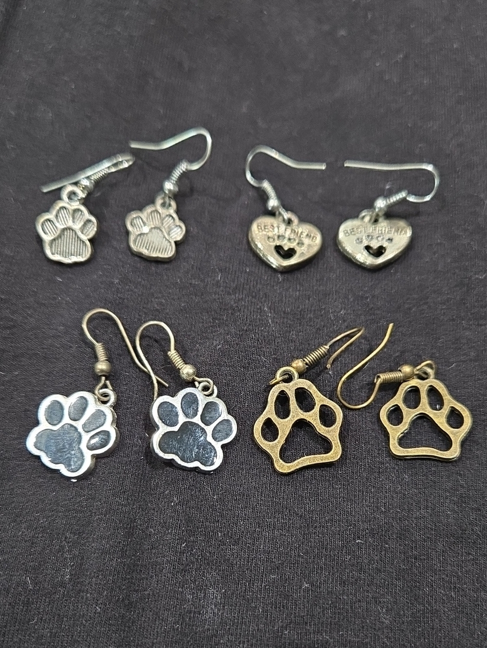 Paw Print Dangle Earrings Set - Silver & Gold Tones